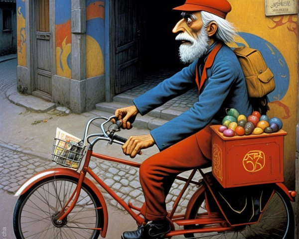 Elderly man on red bicycle with colorful eggs and charm
