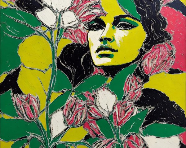 Portrait of a Woman with Floral Elements and Colors
