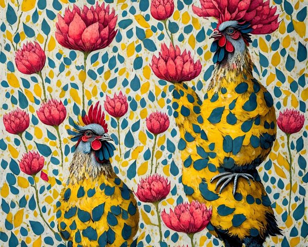 Vibrant Roosters Surrounded by Pink Flowers and Greenery