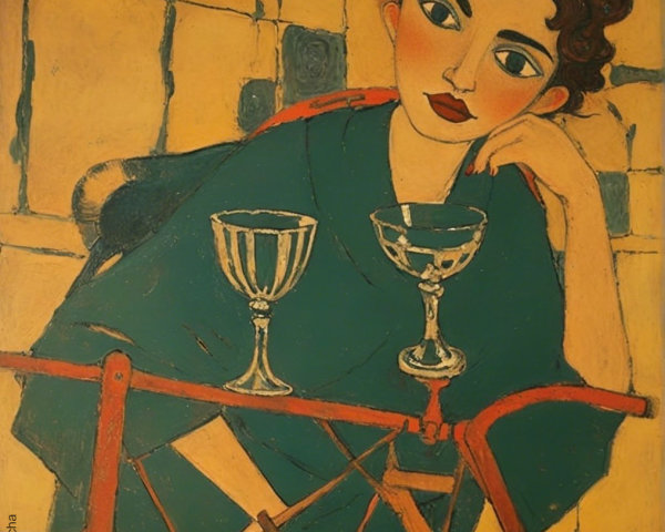 Stylized Painting of Contemplative Figure with Goblets