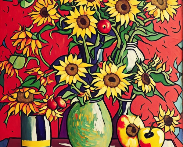 Vibrant Still Life with Sunflowers and Apples