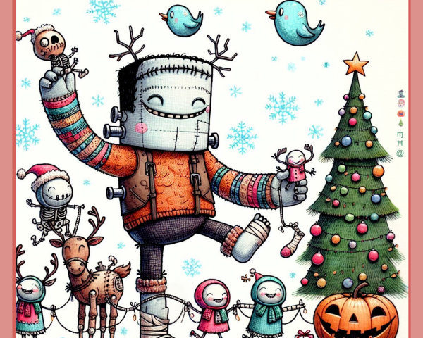 Whimsical Holiday Scene with Monster and Children