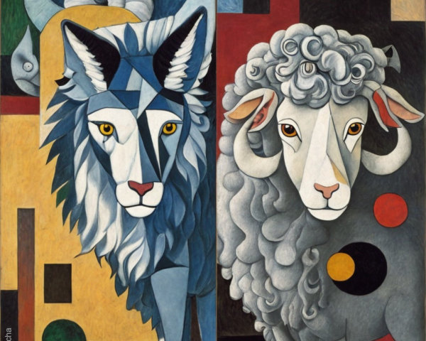 Dual Composition of Lion and Sheep in Vibrant Colors