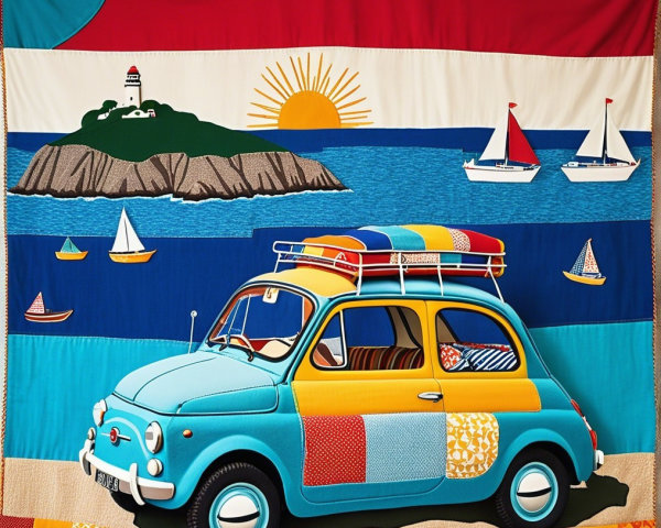 Vibrant Quilt Design with Blue Car and Seascape