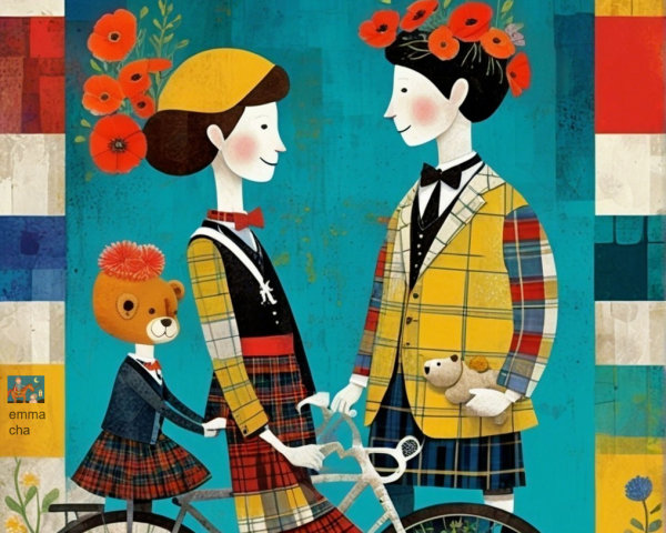 Whimsical Illustration of a Colorful Couple and Friends