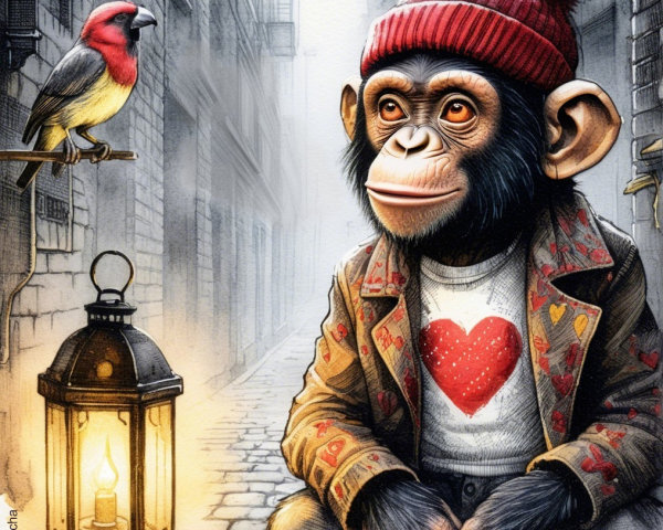 Charming young monkey in whimsical alley with lantern