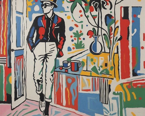 Vibrant Abstract Painting of Fashionable Figure in Interior