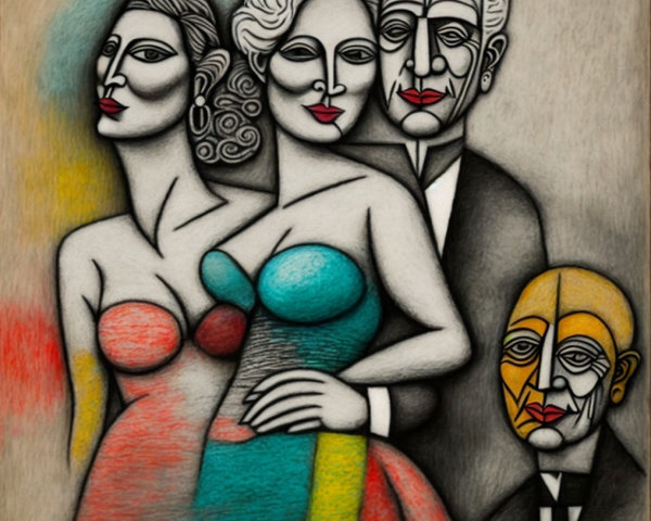Cubist Artwork with Four Stylized Figures and Colors