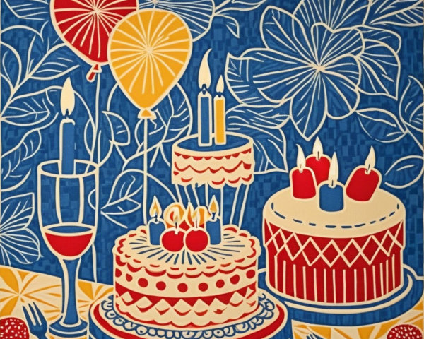 Vibrant Birthday Scene with Cakes and Balloons
