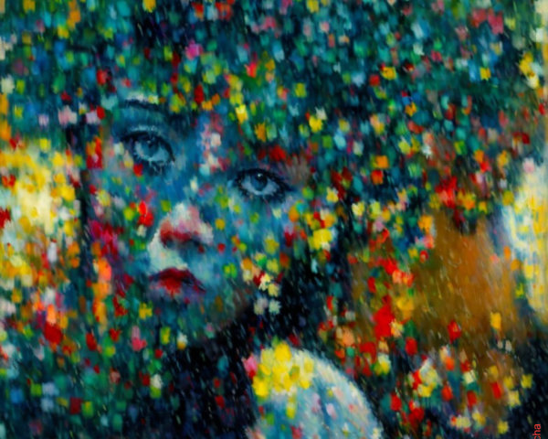 Abstract Face Surrounded by Colorful Flowers