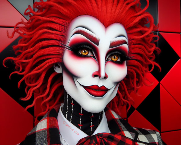Theatrical Character with Red Hair and Bold Makeup