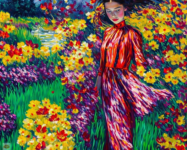 Young Woman in Colorful Flower Landscape