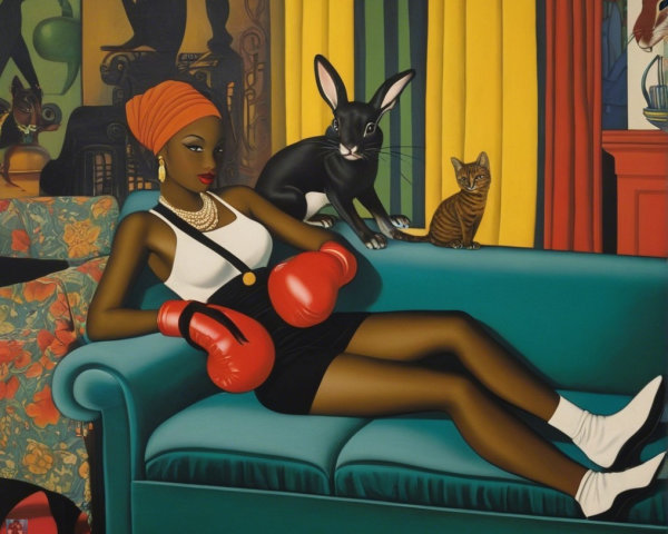 Confident Woman in Boxing Gloves on Teal Couch