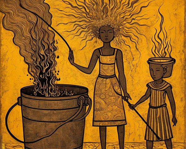 Women Stirring Cauldron Against Yellow Background