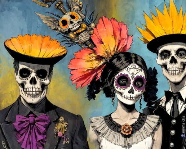 Elegantly Dressed Skeletal Figures in Festive Attire
