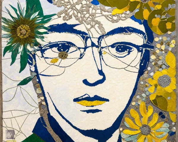 Stylized portrait with fabric pieces and floral elements