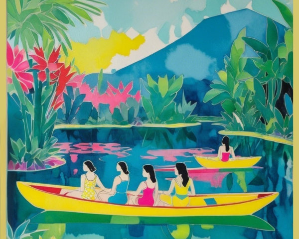 Tropical Kayaking Scene with Women in Colorful Kayaks