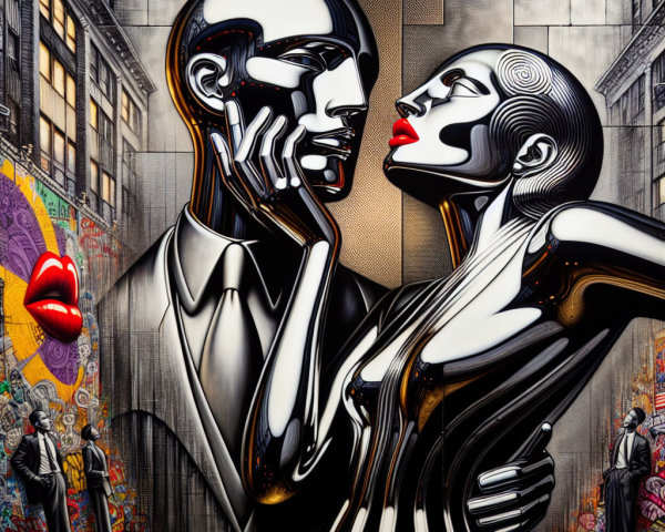 Glossy Metallic Figures Embracing with Urban Backdrop