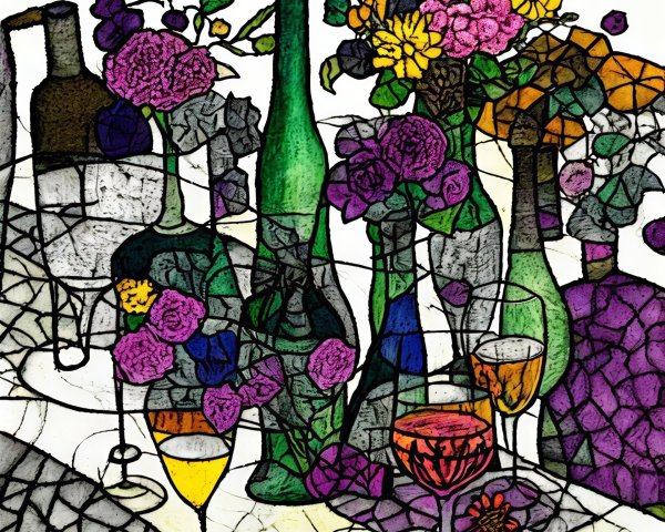 Vibrant Stained-Glass Floral and Wine Composition