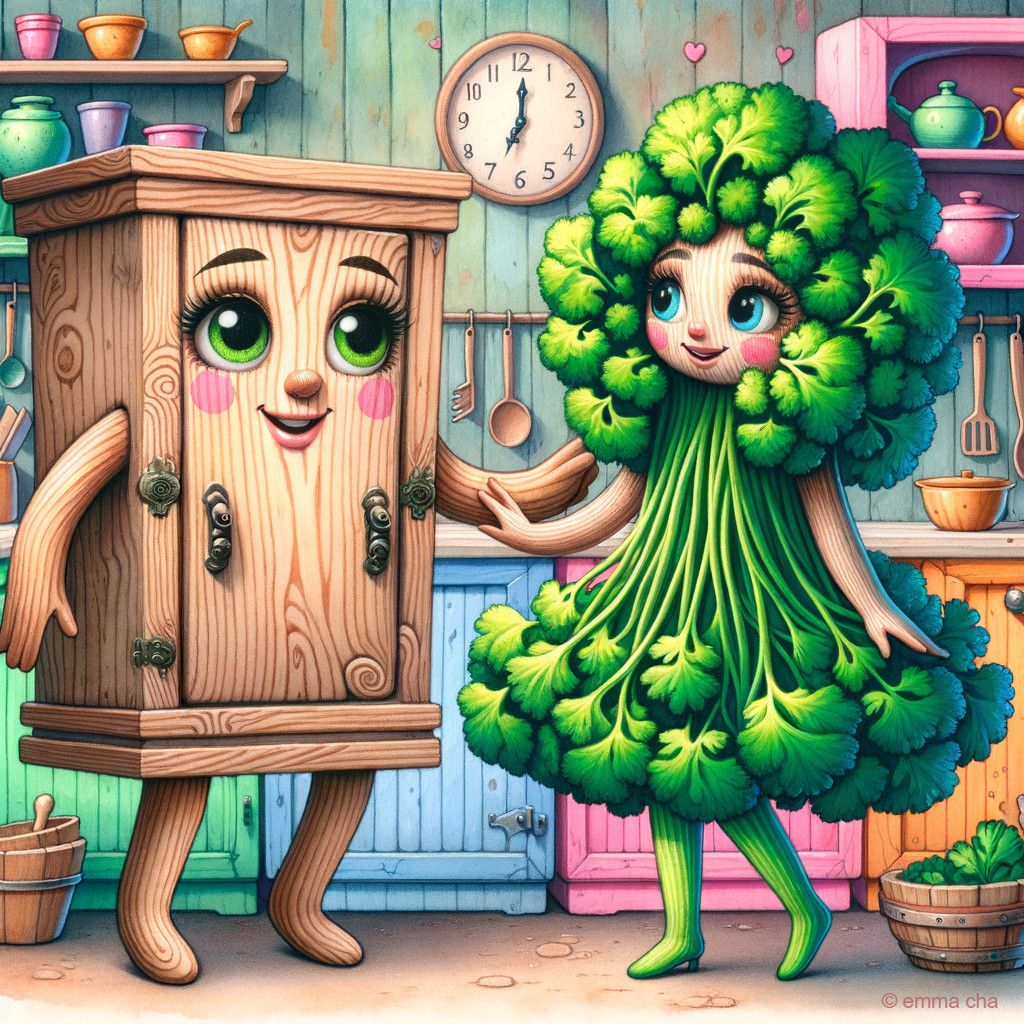 Whimsical Kitchen with Cheerful Wooden Fridge and Broccoli