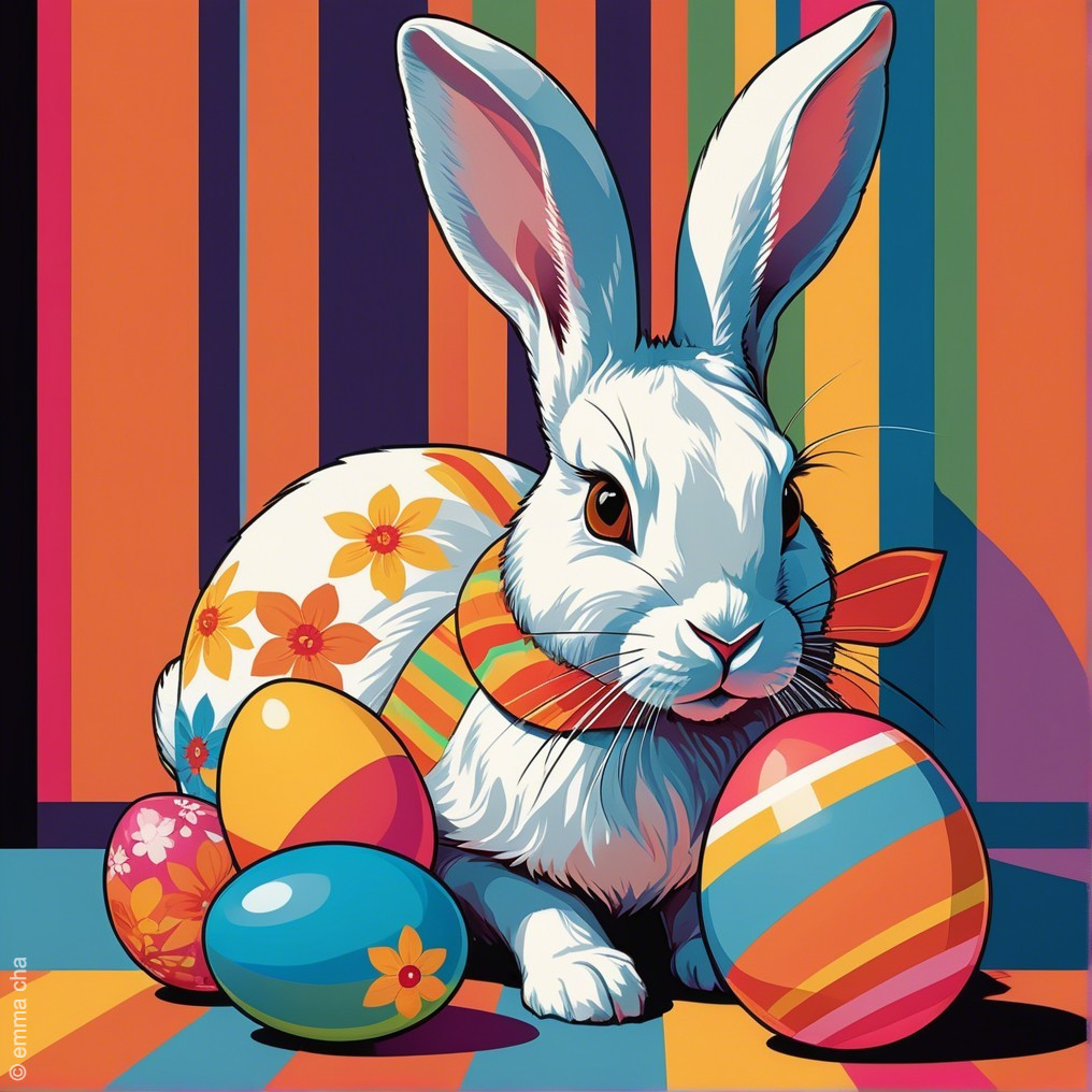 Cartoon Illustration of Rabbit with Colorful Flowers