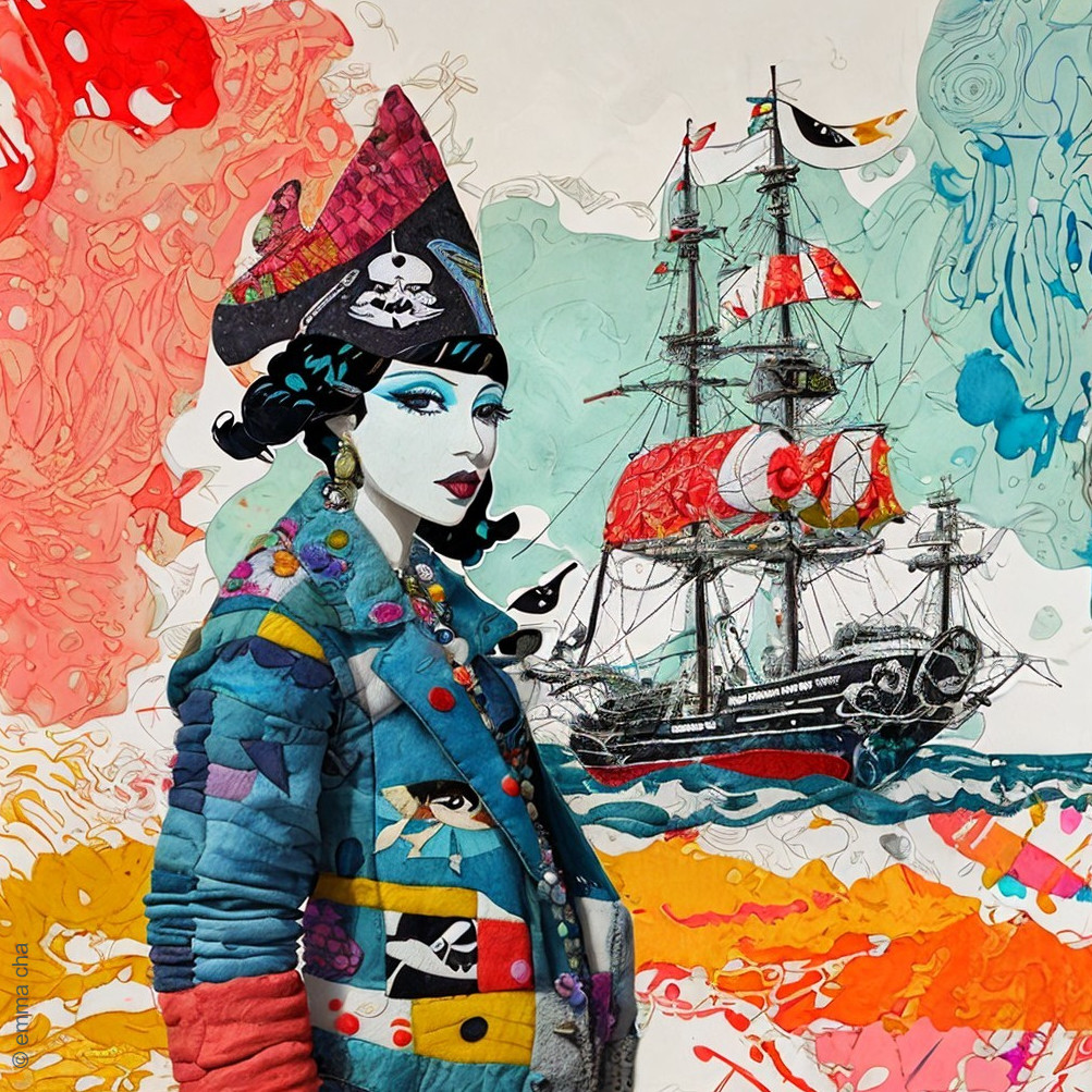 Stylized Pirate Woman with Colorful Jacket and Ship