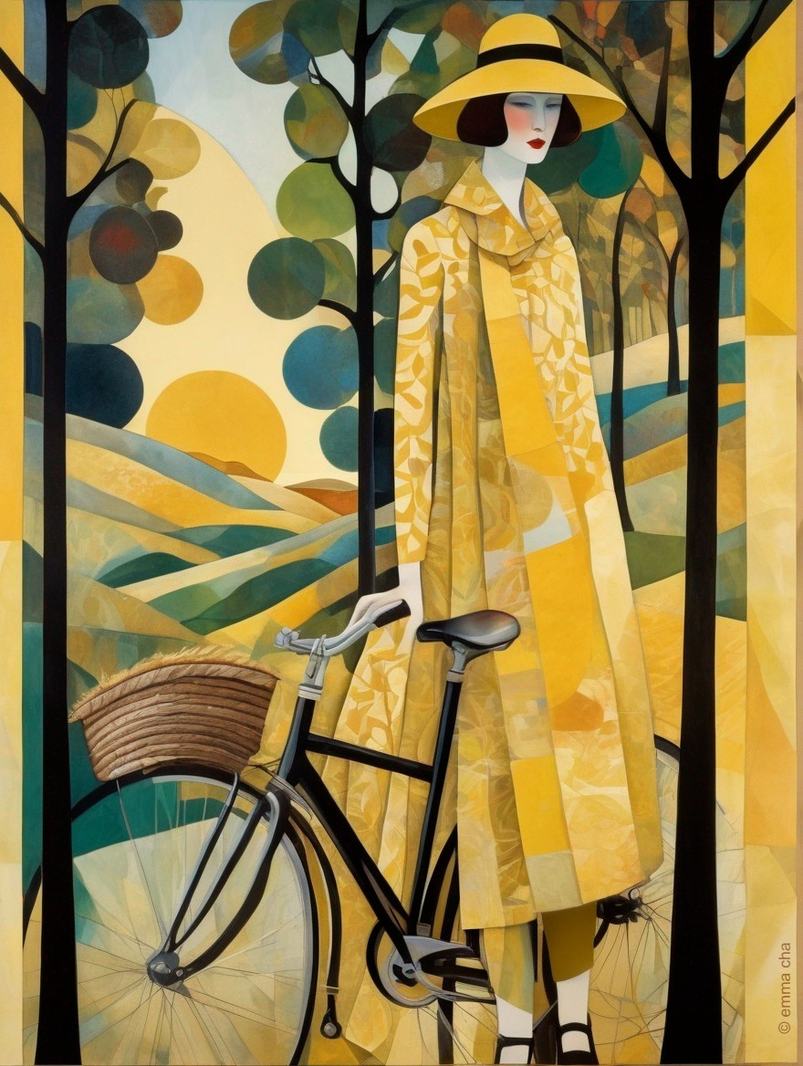Chic Figure with Vintage Bicycle in Pastel Landscape