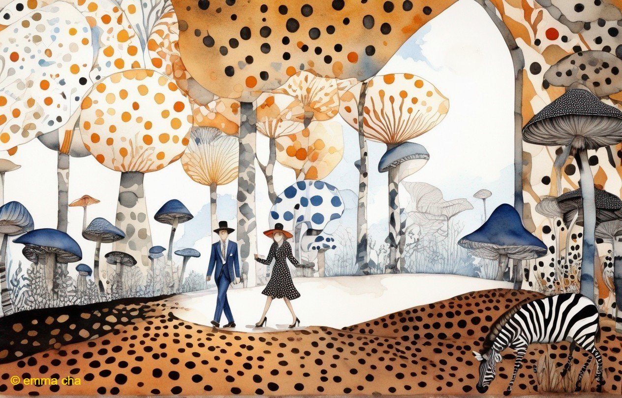 Couple Strolling in Enchanted Forest with Colorful Mushrooms