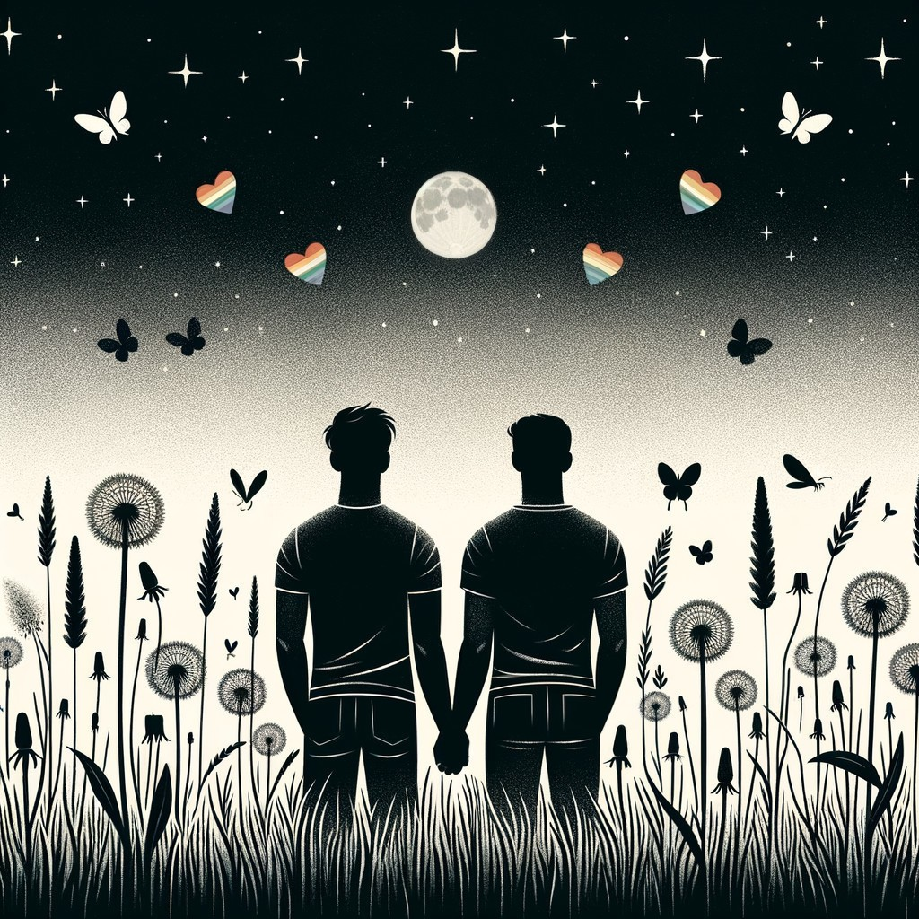 Silhouetted Figures in a Dandelion Field at Night