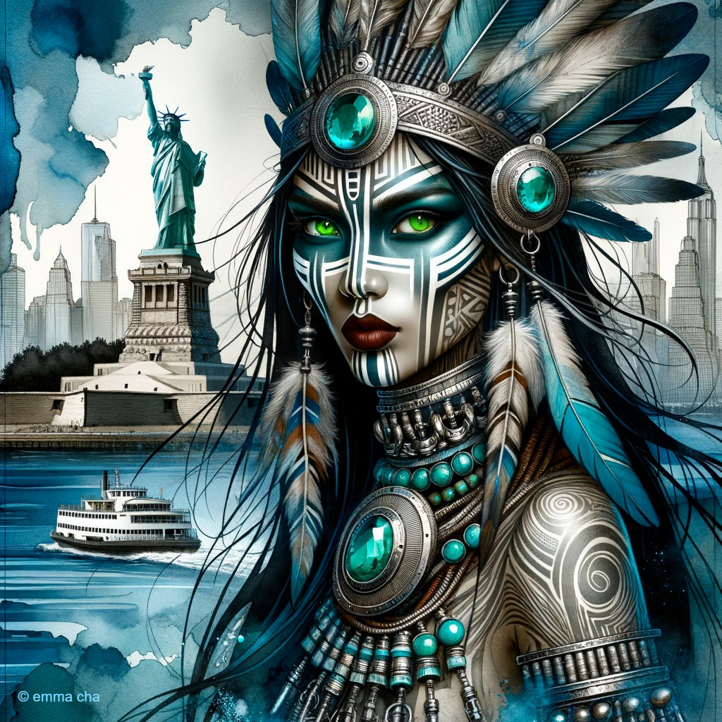 Woman with tribal face paint and feathered headdress