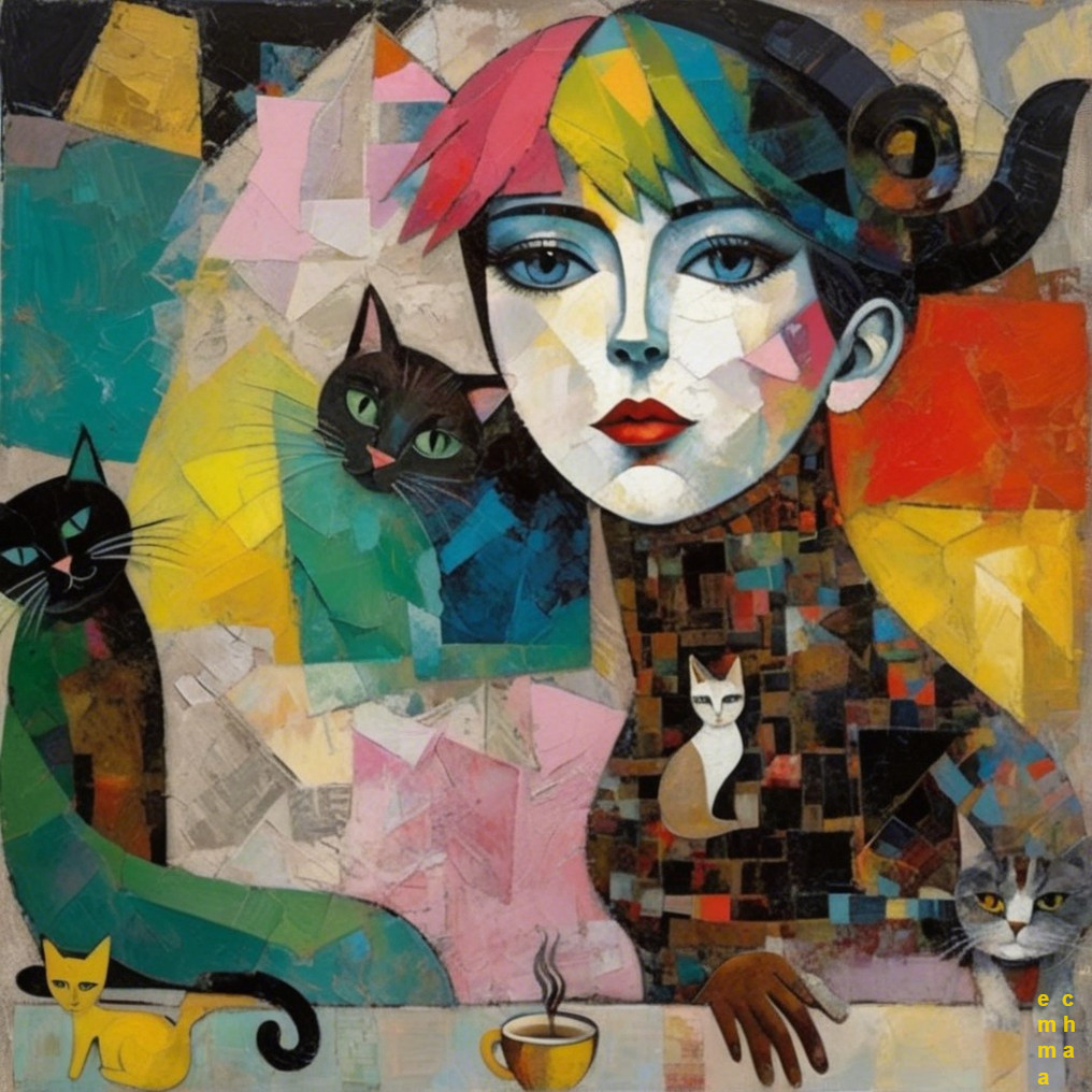 Stylized Woman with Colorful Hair and Playful Cats