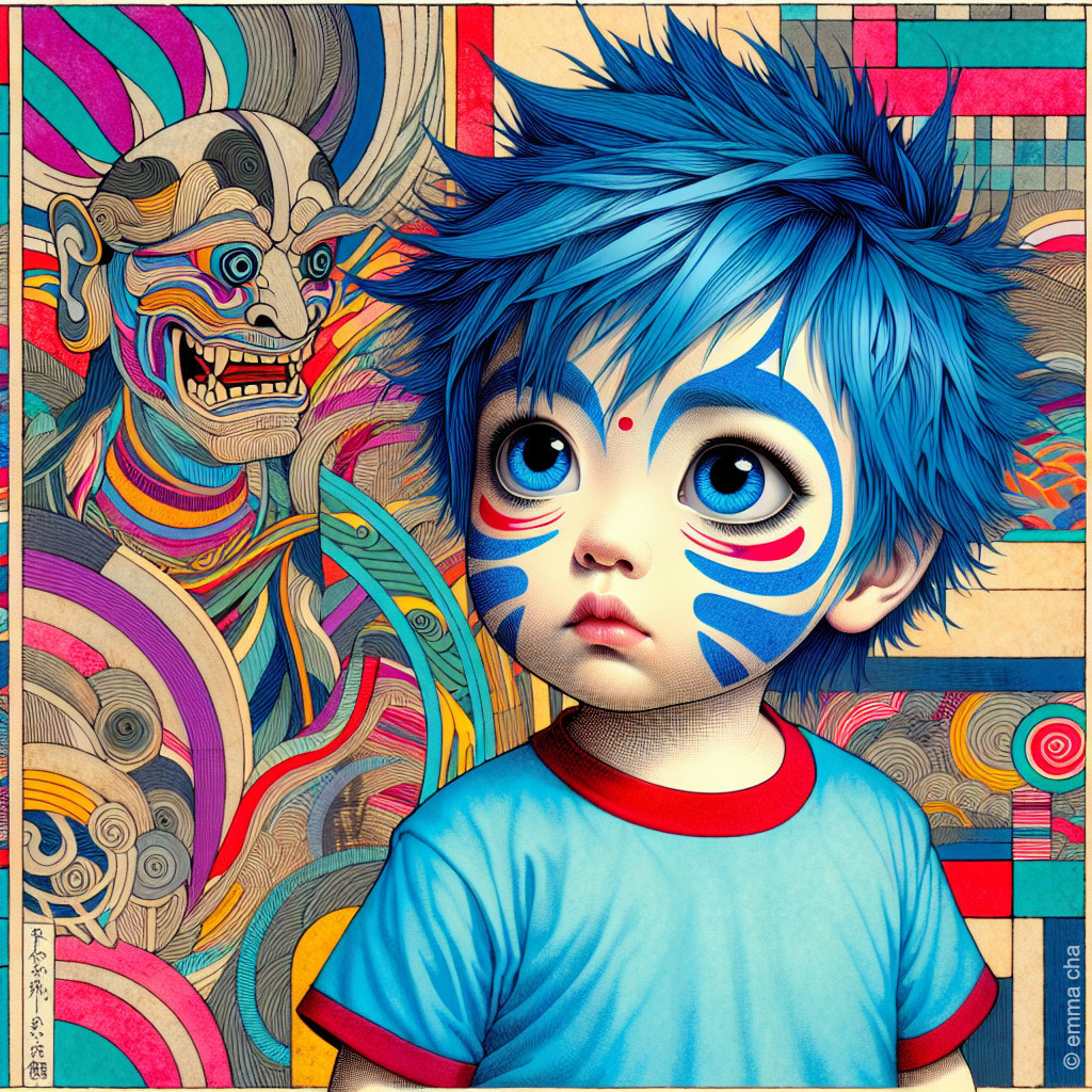 Child with Blue Hair and Abstract Colorful Background