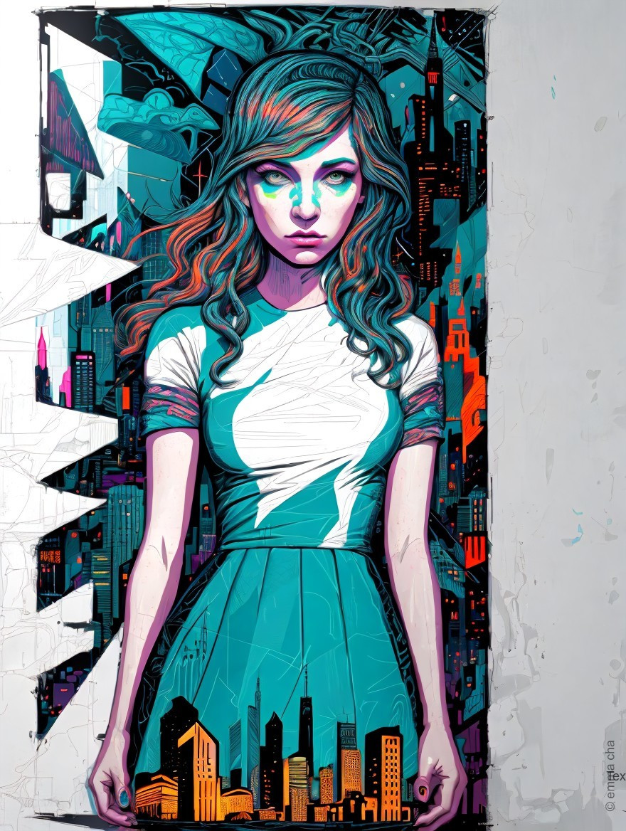 Vibrant Illustration of Woman in Colorful Cityscape