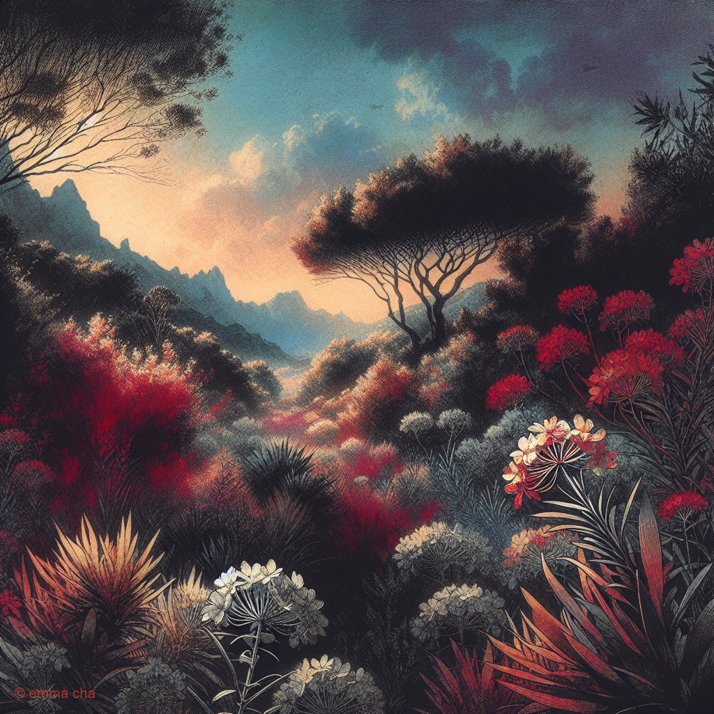 Vibrant Floral Landscape with Majestic Mountains
