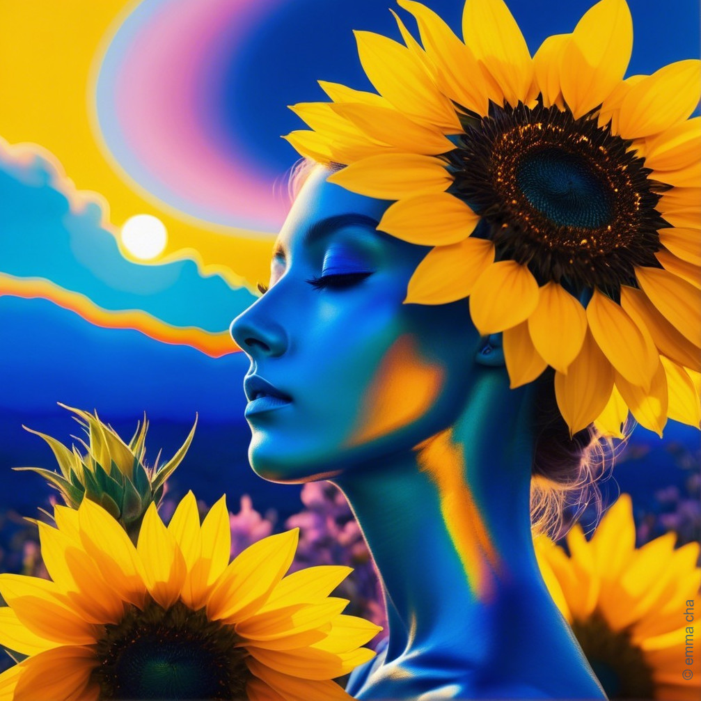 Surreal Portrait of a Woman with Blue Skin and Sunflowers