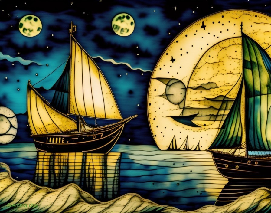 Surreal Illustration of Ships Under a Moonlit Sky