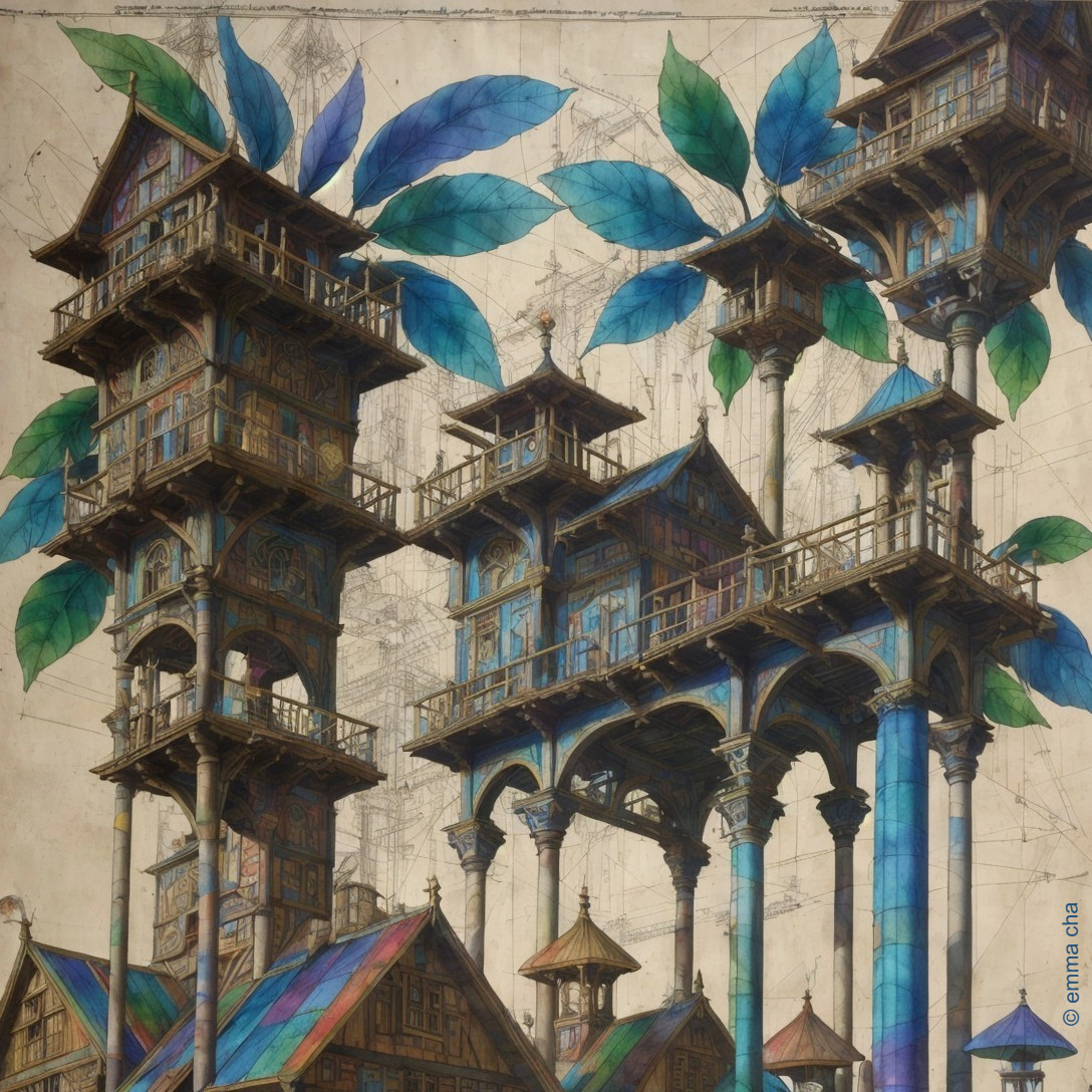 Whimsical Architectural Scene with Fantasy Towers