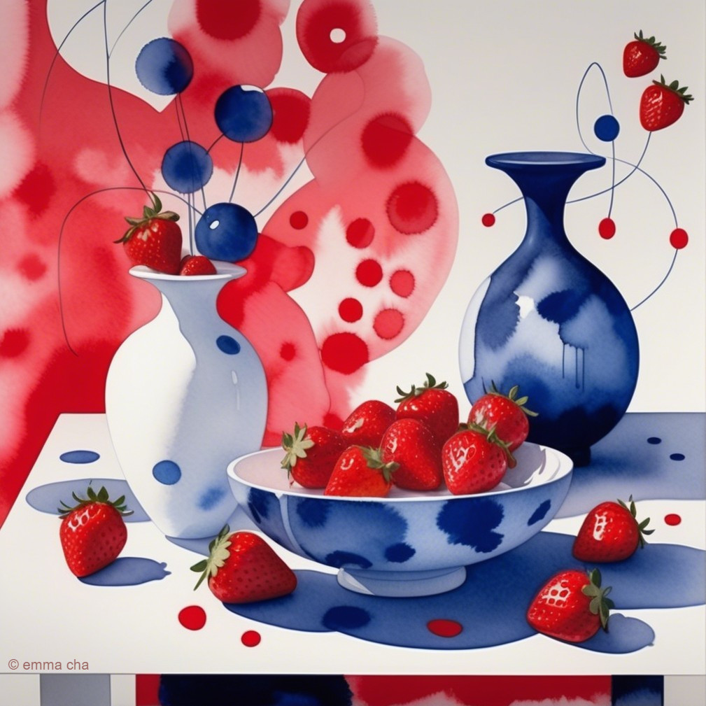 Vibrant Still Life with Strawberries and Vases