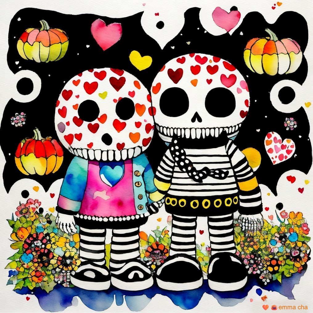 Skeletal Figures with Hearts Amidst Whimsical Decor