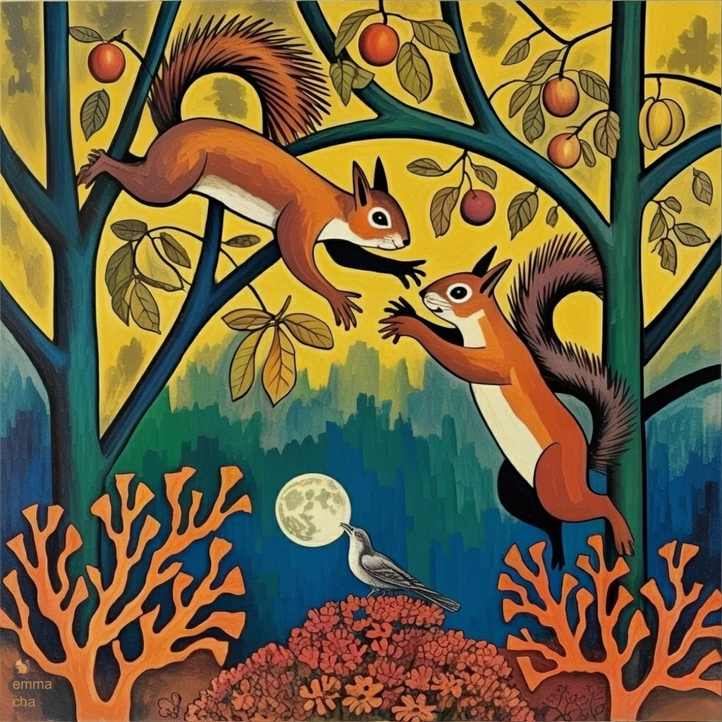 Playful Squirrels Amidst Vibrant Trees and Moonlight