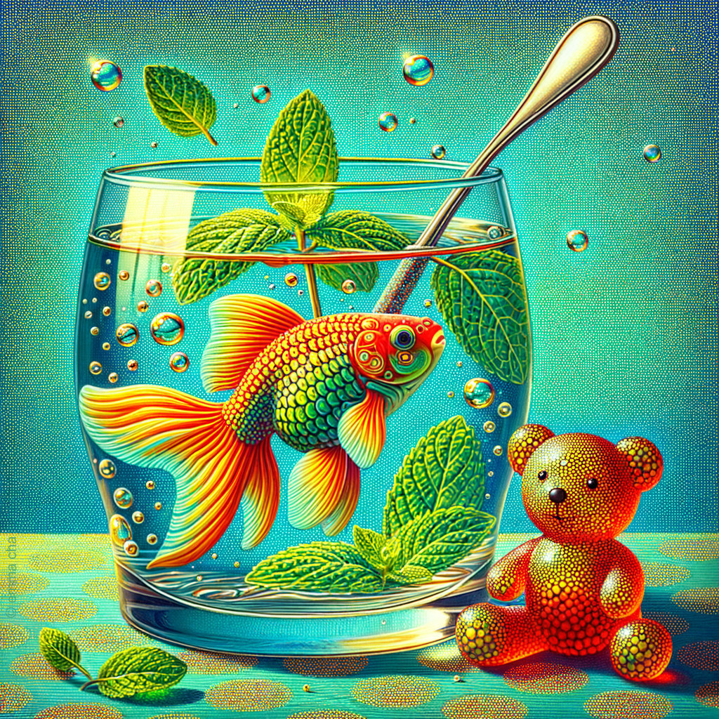 Goldfish in Bowl with Mint and Colorful Gummy Bear