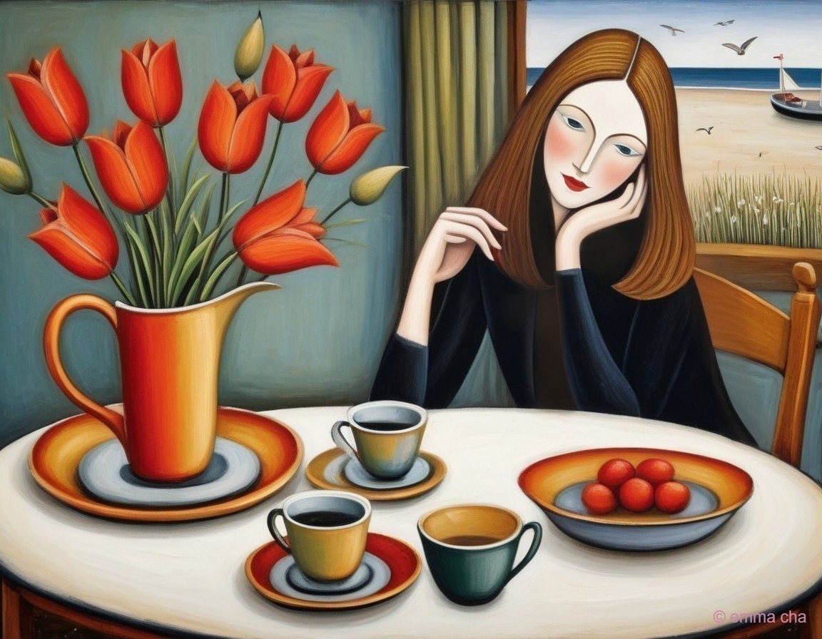Thoughtful Woman by Table with Colorful Cups and Fruits