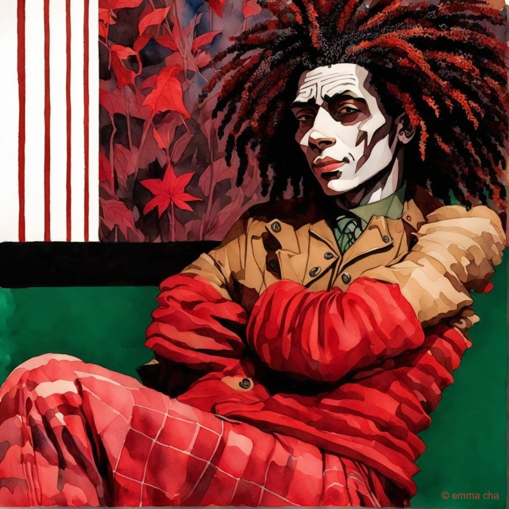 Character with Red and Black Hair in Vibrant Setting