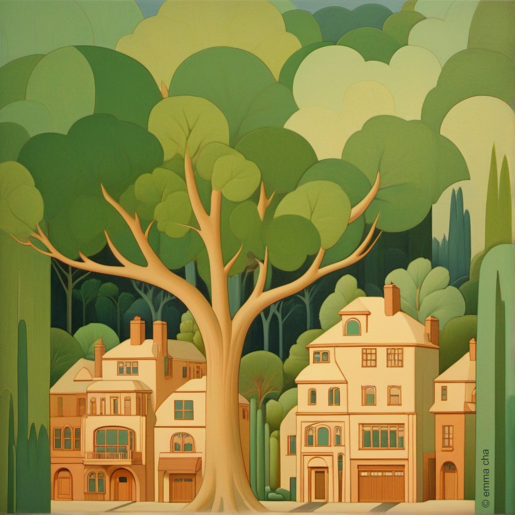 Vibrant Landscape with Charming Houses and Lush Trees