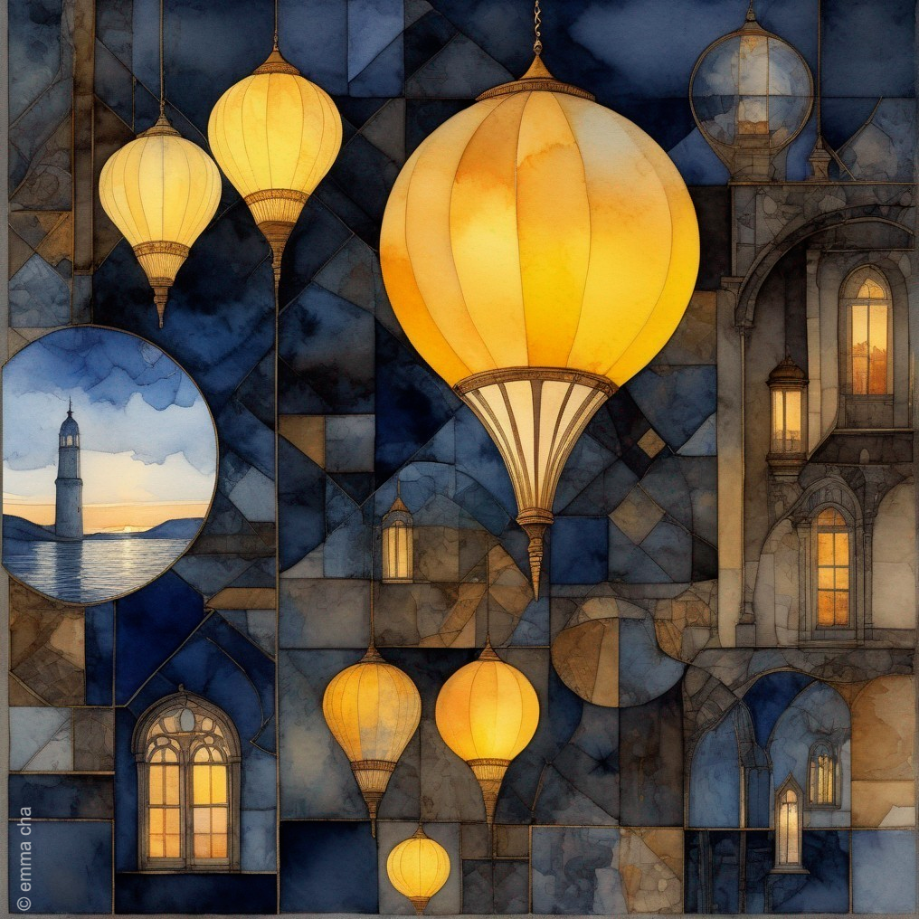 Glowing Hot Air Balloons and Serene Lighthouse Scene