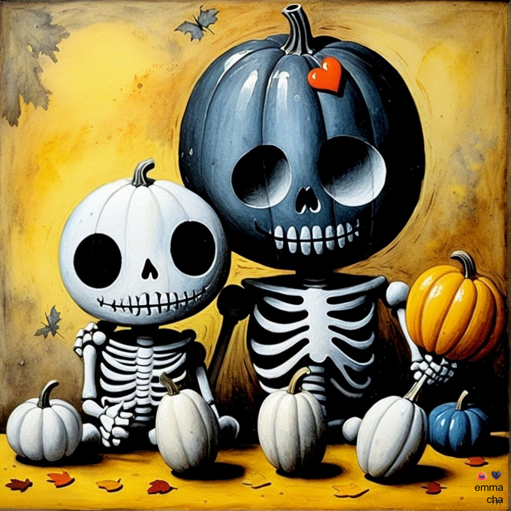 Whimsical Skeletons with Pumpkins in Autumn Setting