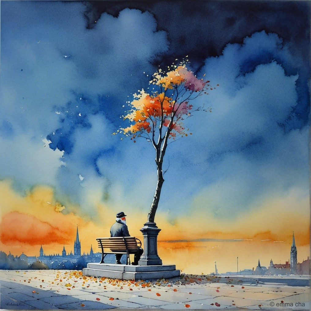 Elderly Man on Bench at Vibrant Sunset Scene