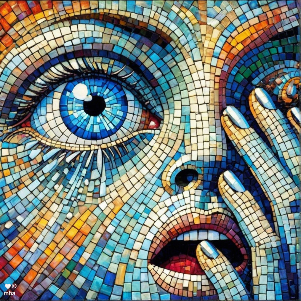 Mosaic Artwork of a Face in Blue and Orange Hues