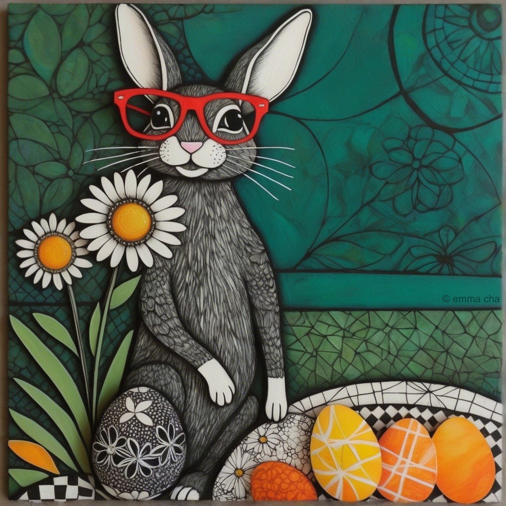 Whimsical Rabbit with Glasses and Colorful Eggs Art