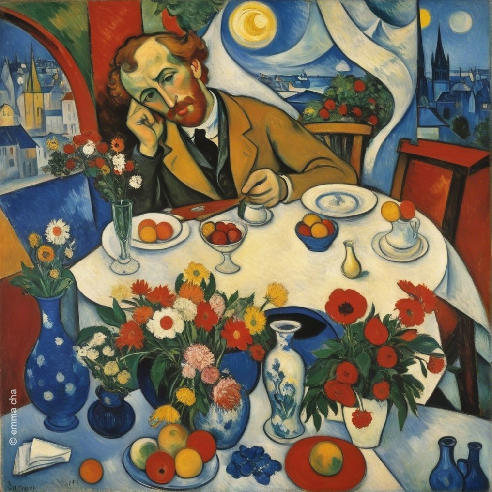 Contemplative Man at Vibrant Table with Scenic View